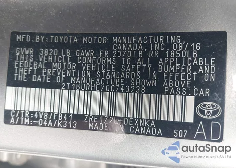 2016 Toyota Corolla Le from USA, damaged, VIN 2T1BURHE7GC743238